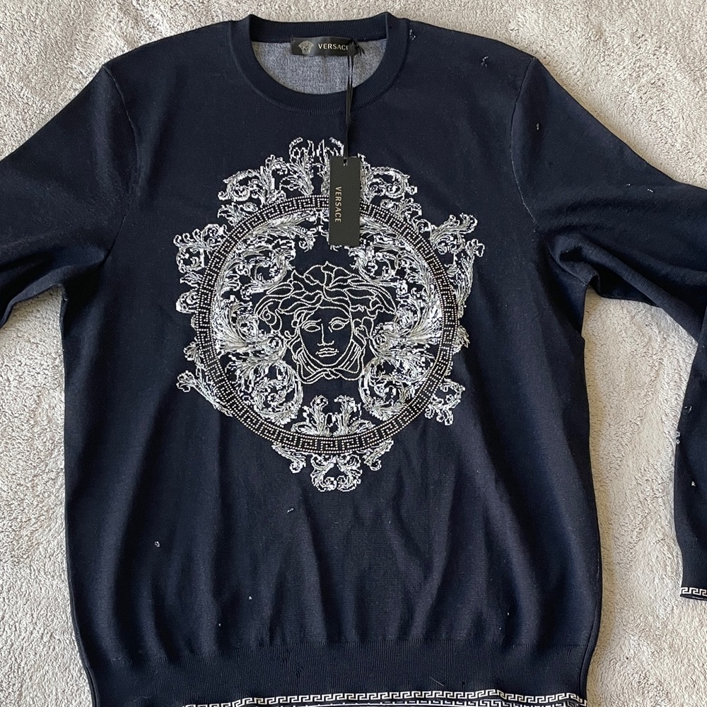 Versace Men's Navy Sweater with Silver Medusa Design